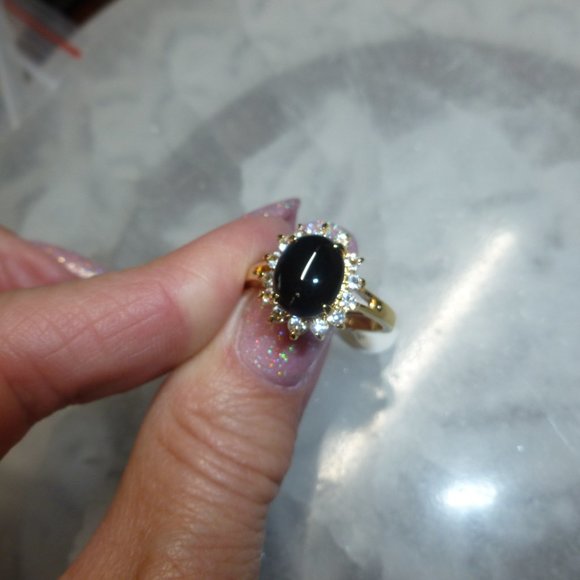 18k Yellow Gold EP Onyx Halo Swarovski Crystal Dolphin Ore Ring - Picture 8 of 11